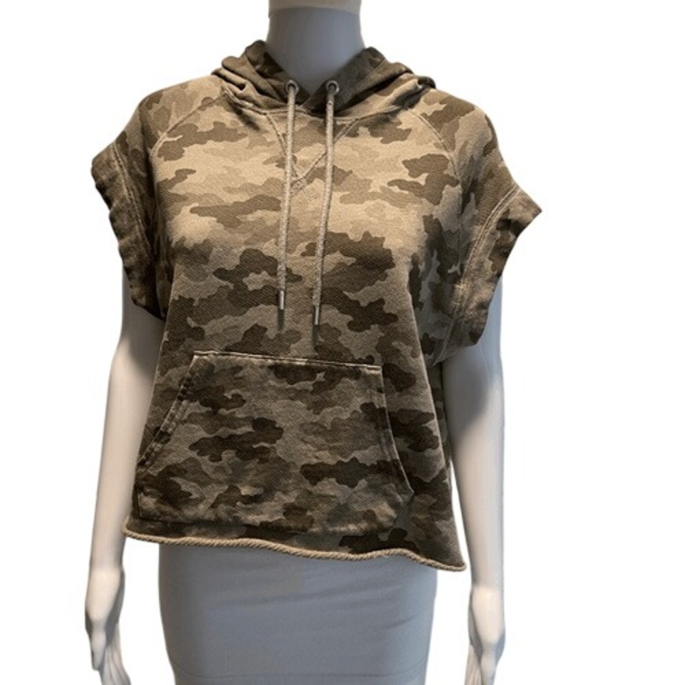 ATM Anthony Thomas Melillo Camo Raw Hem Cropped Hoodie Cap Sleeve‎ S